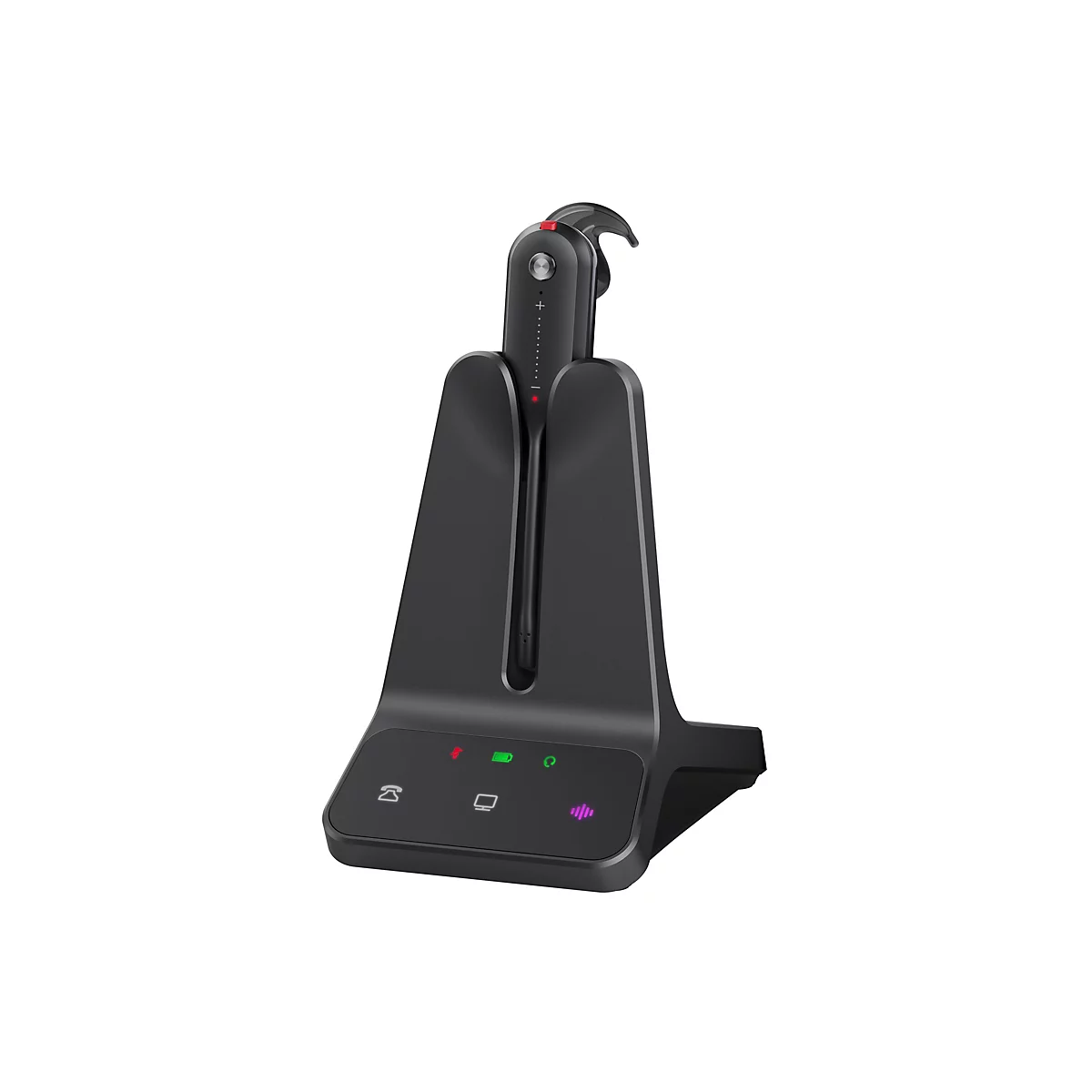 Schwarzes Headset mit Ladestation. Ladestation mit roten, grünen und lila Lichtern. Telefon, Computer und Mikrofon-Symbole.