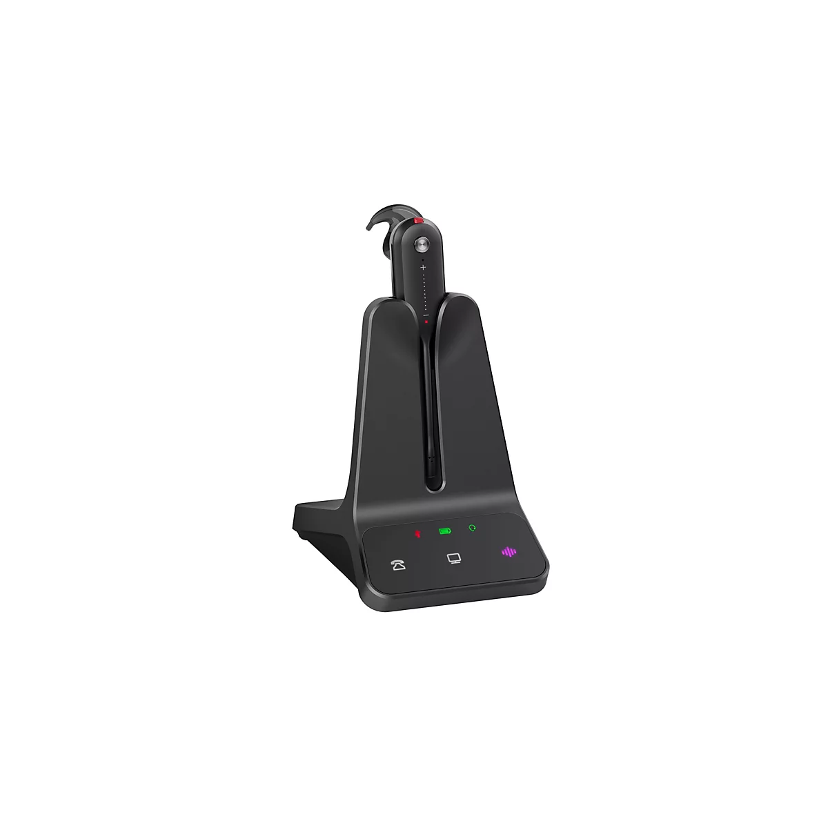 Schwarzes Headset mit Ladeschale vor weißem Hintergrund. Das Headset ist an der Basis angebracht und hat eine Halterung, an der das Headset befestigt ist.