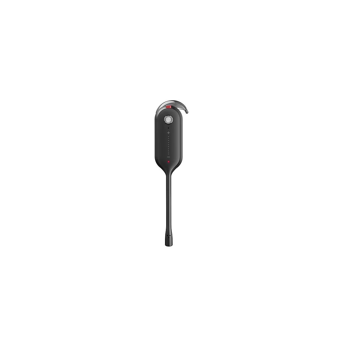 Drahtloses Headset, schwarz, mit roter Taste und Lautstärkereglern, auf weißem Hintergrund.