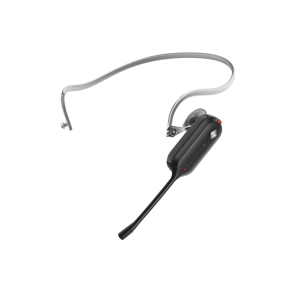 Schwarzes Headset mit silbernem Bügel und Mikrofon. Auf weißem Hintergrund, ohne erkennbare Nutzung.
