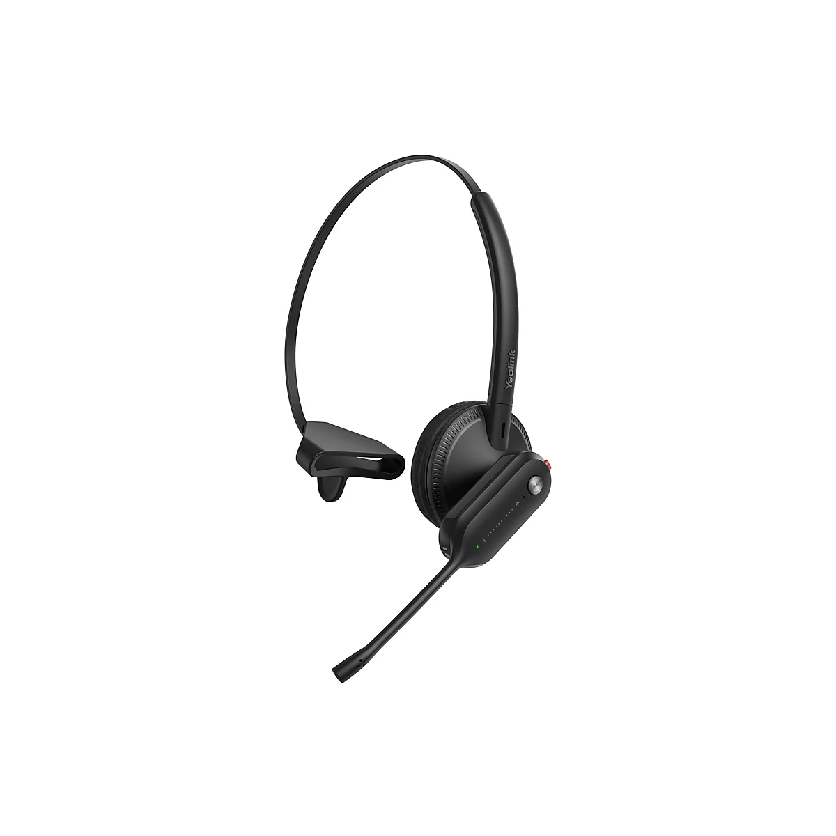 Ein schwarzes Headset mit Mikrofon, das von Yealink hergestellt wurde, vor weißem Hintergrund.