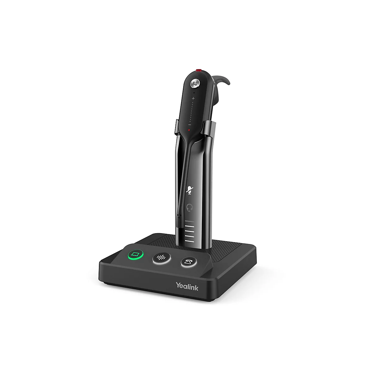 Drahtloses Headset in einer Ladestation. Das Headset ist schwarz, die Ladestation hat drei Knöpfe. Oben ist ein roter Knopf.