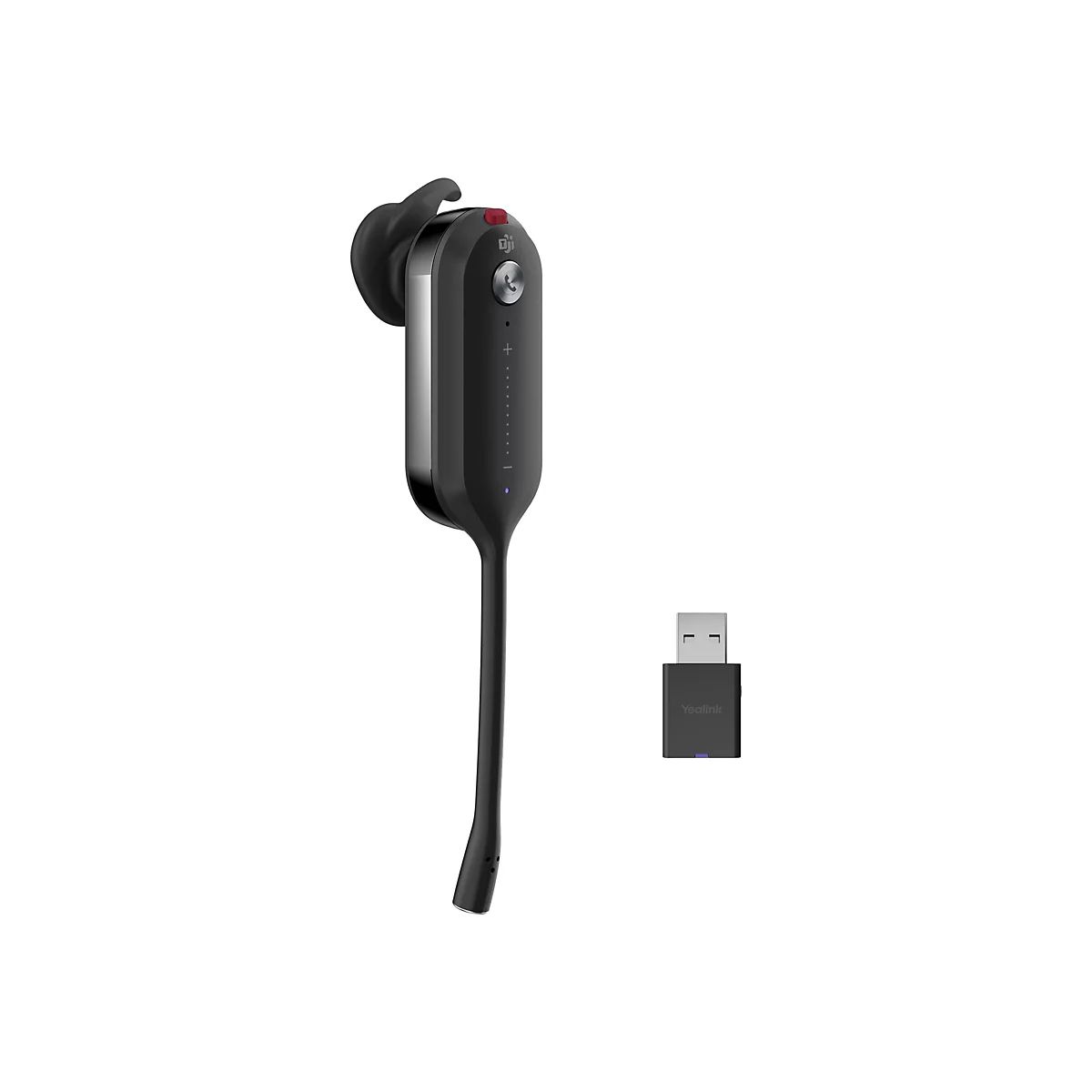 Schwarzes Headset mit USB-Adapter auf weiÃŸem Hintergrund.