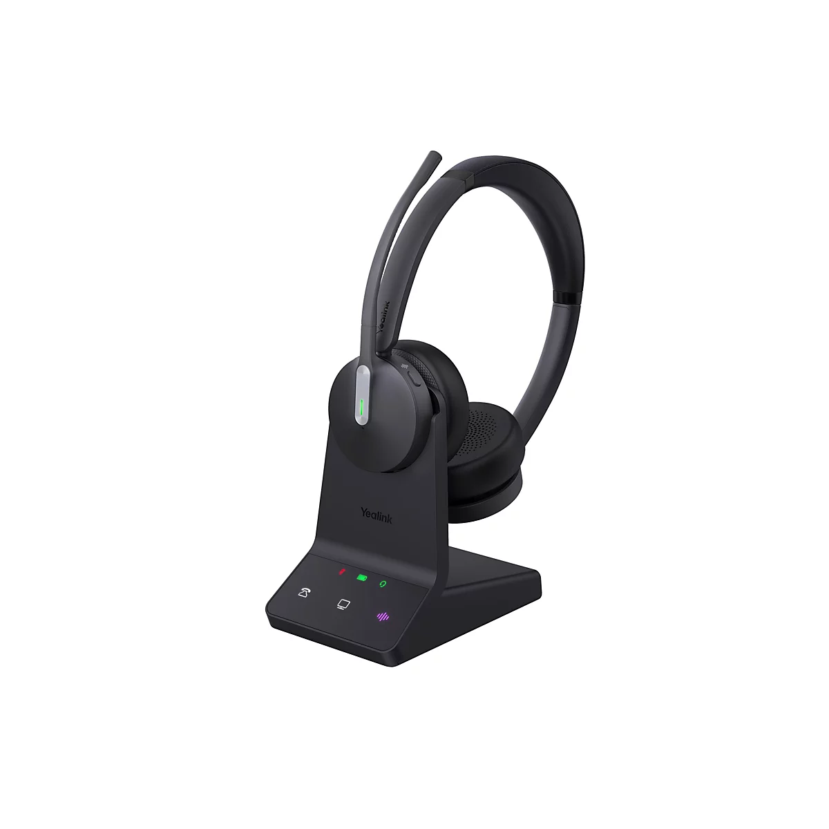 Schwarzes schnurloses Headset mit Ladeschale. Der Kopfhörer steht auf einer Basis mit leuchtenden LEDs.