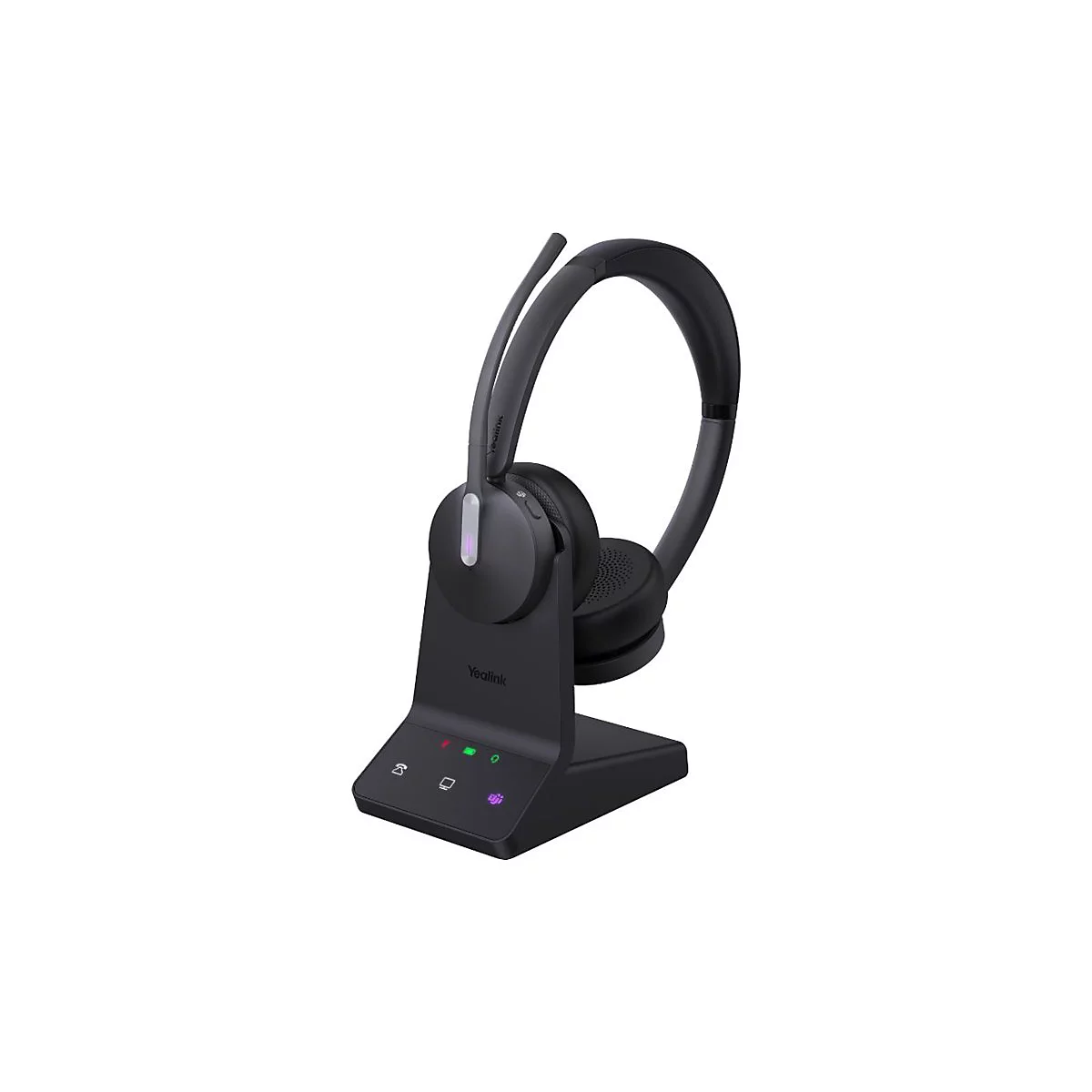 Schwarzes Headset auf einer Ladestation. Mikrofon, Ohrmuscheln und Station deutlich erkennbar.