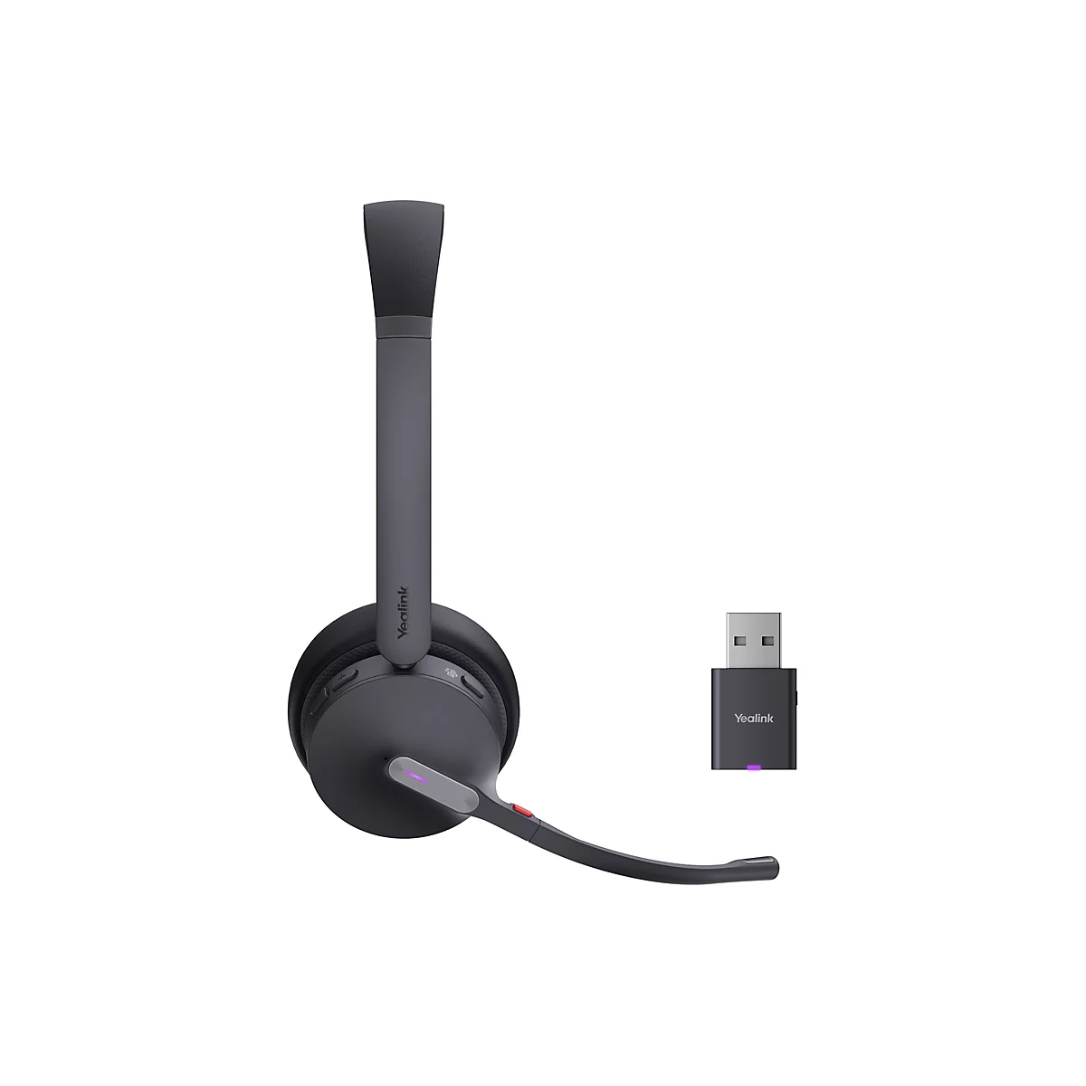 Drahtloses Headset und USB-Dongle in dunklen GrautÃ¶nen vor weiÃŸem Hintergrund.