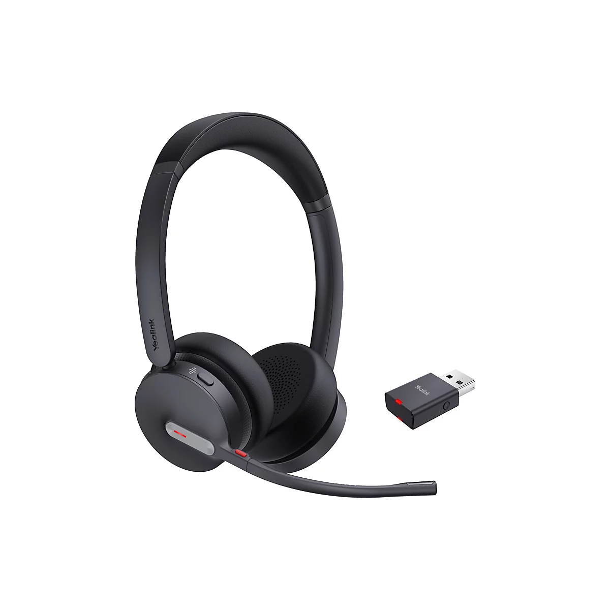 Dunkelgraues Headset mit USB-Dongle. Das Headset ist an den Ohrmuscheln und dem BÃ¼gel gepolstert, ein Mikrofon ragt hervor.