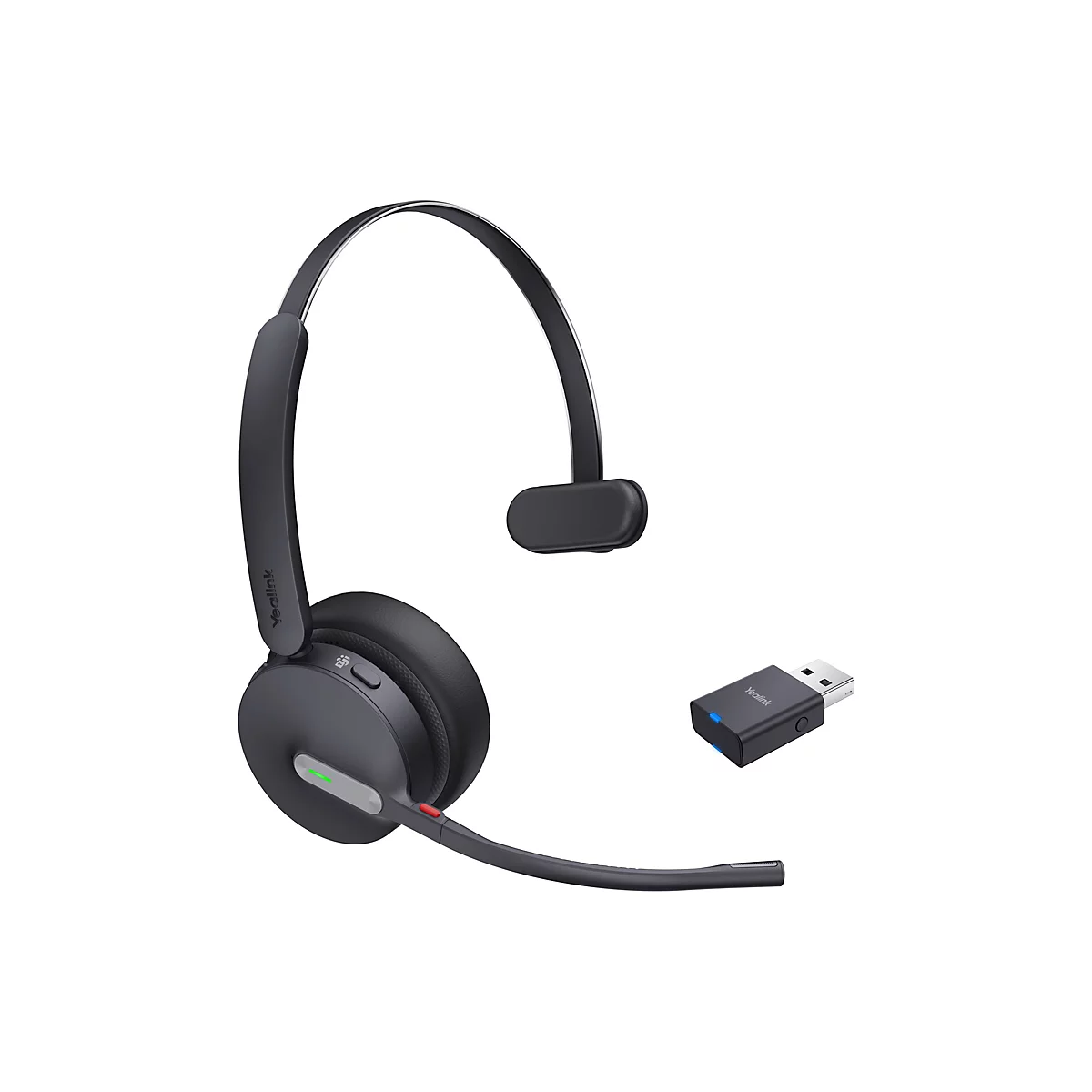Drahtloses Headset in Dunkelgrau mit USB-Dongle. Das Headset hat ein Mikrofon, einen verstellbaren BÃ¼gel und ein Ohrpolster. Der Dongle ist mit einem blauen Licht versehen.