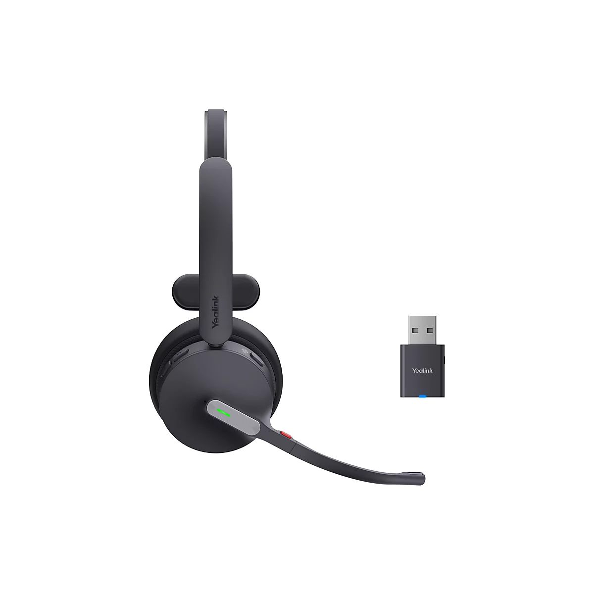 Dunkelgraues Headset mit Mikrofon und USB-Adapter auf weiÃŸem Hintergrund.