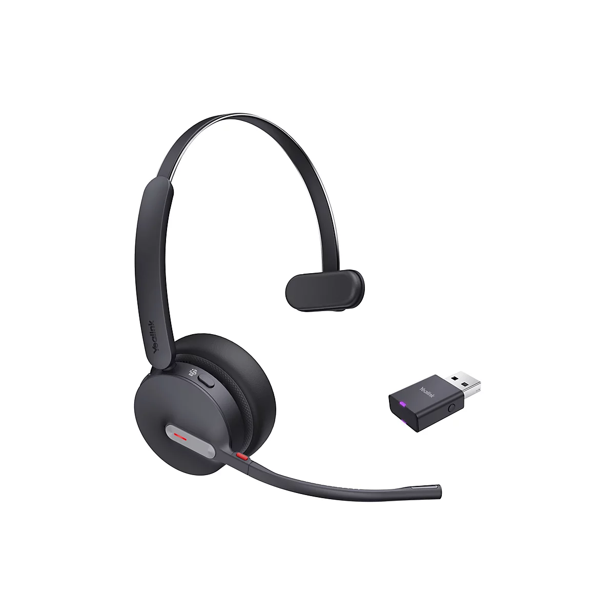 Drahtloses Headset und USB-Dongle, grau-schwarz, Mikrofonarm, Detailansicht.