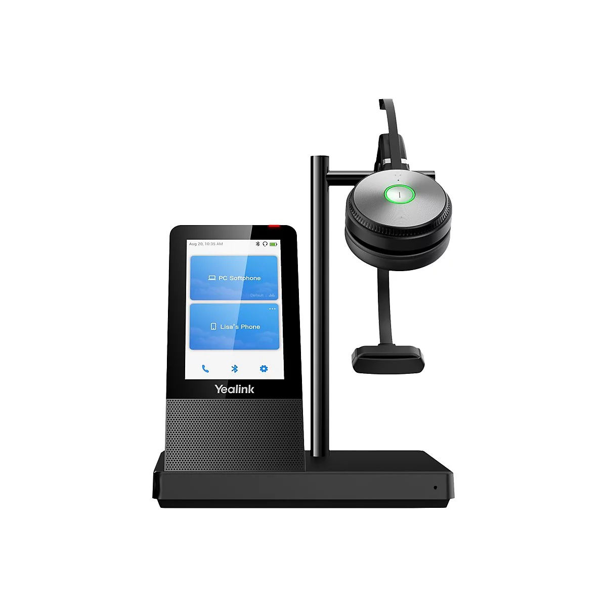 Téléphone Yealink noir avec support de casque. L'écran affiche PC Softphone et Lisa's Phone. Le casque est sur le support.
