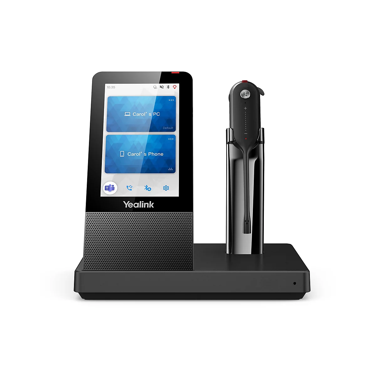 Schwarzes Konferenztelefon mit Touchscreen und schnurlosen KopfhÃ¶rern in Halterung. Auf dem Bildschirm sind zwei Apps zu sehen.