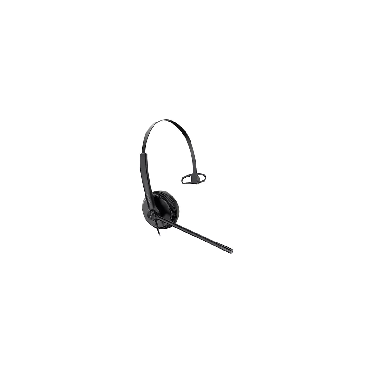 Schwarzes Headset mit Mikrofon, Detailaufnahme vor weißem Hintergrund.
