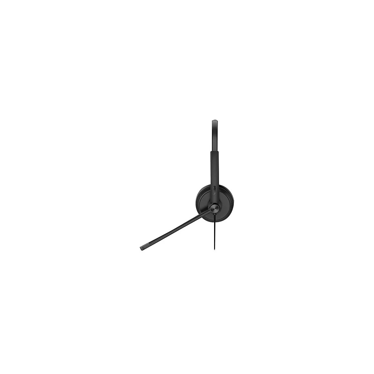 Schwarzes Headset mit Mikrofon vor weißem Hintergrund. Das Headset hat ein kreisförmiges Ohrmuschel und einen länglichen Mikrofonarm.