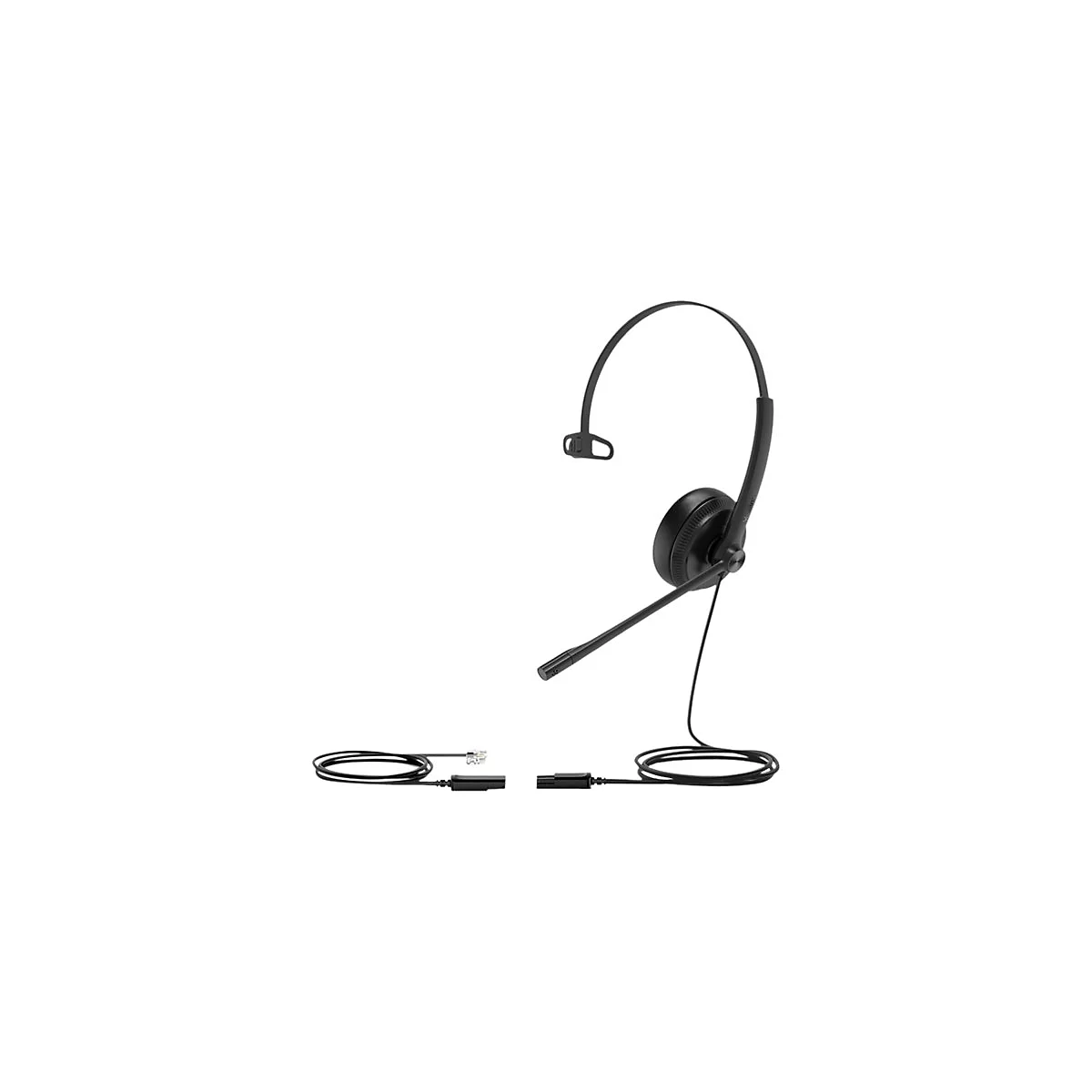 Schwarzes Headset mit Mikrofon und Kabeln auf weißem Hintergrund. Gut für Telefonate oder Kundenservice.