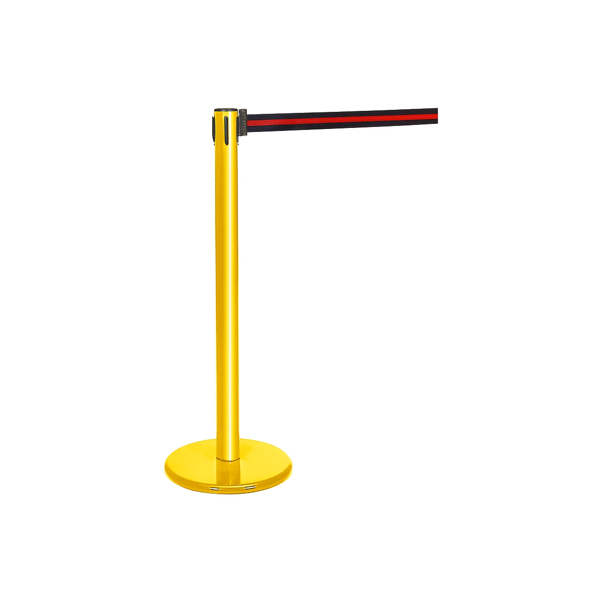 Gold stanchion with red and black band, isolated on a white background.