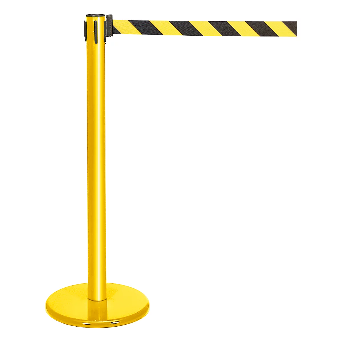 Yellow stanchion with black and yellow warning tape. The tape is extended.