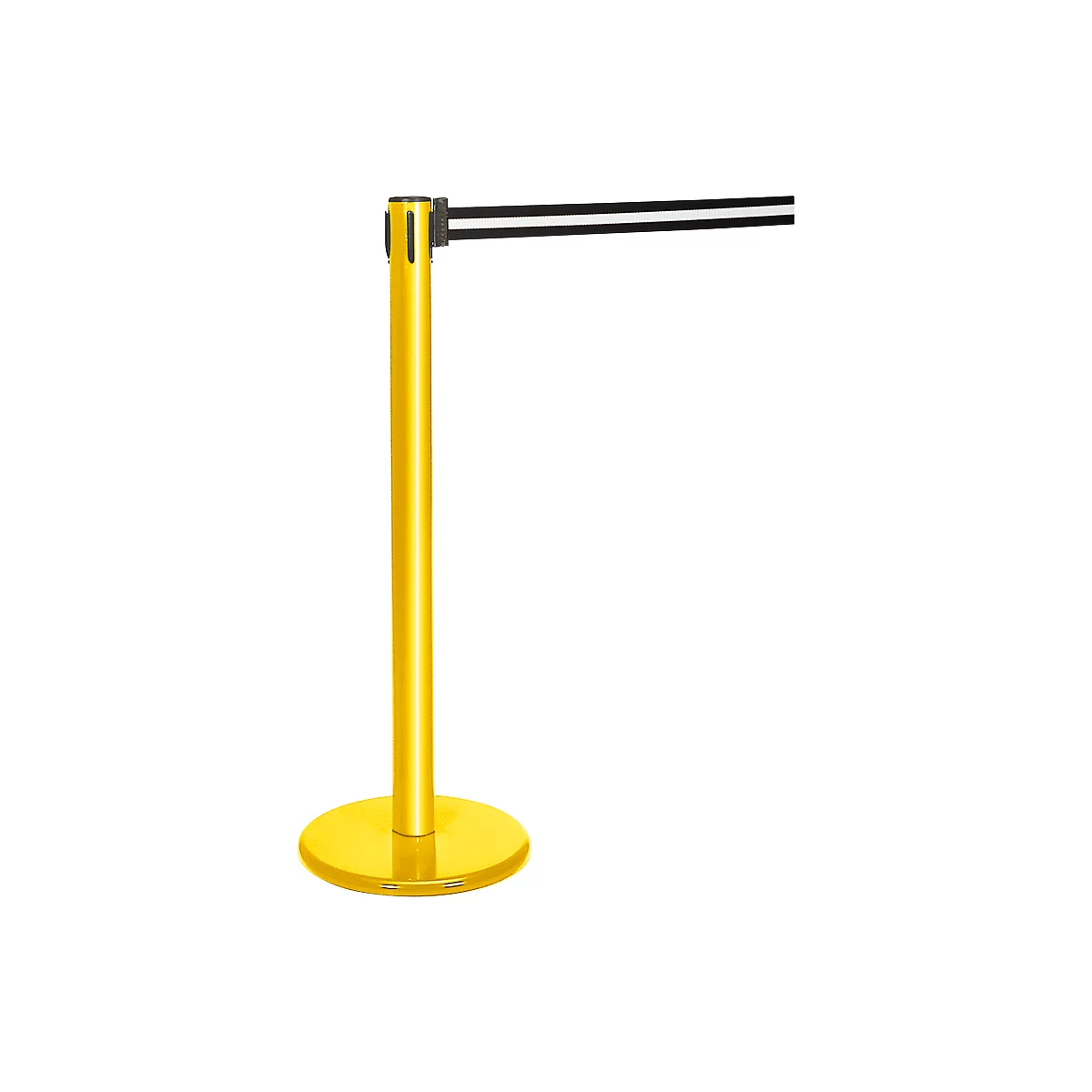 Yellow stanchion with a black and white striped band extending from it.