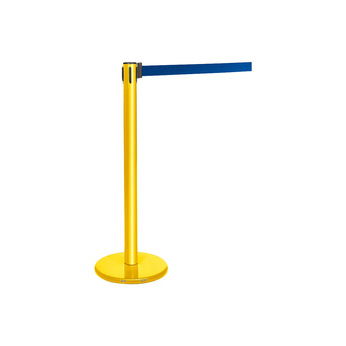 Gold stanchion with blue belt. On a white surface, isolated.