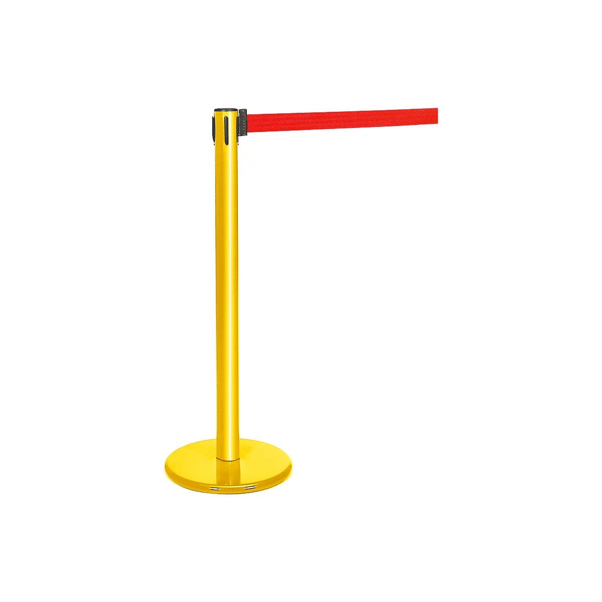 Golden barrier pole with red webbing. Pole on round base, band in horizontal direction.
