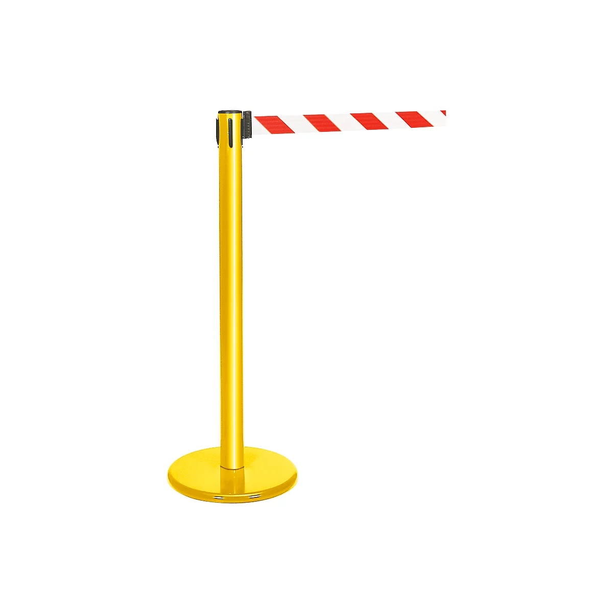Yellow stanchion with red and white striped band. On a white background.