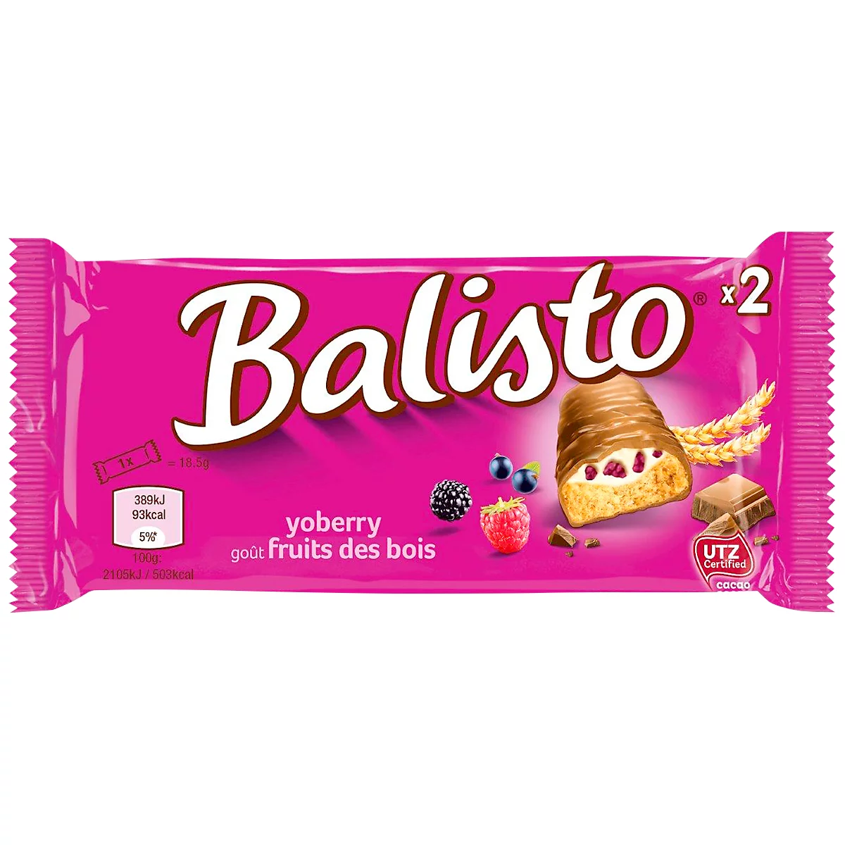 Yoberry Balisto chocoladereep; met bosvruchten, 20 zakjes van 37 g