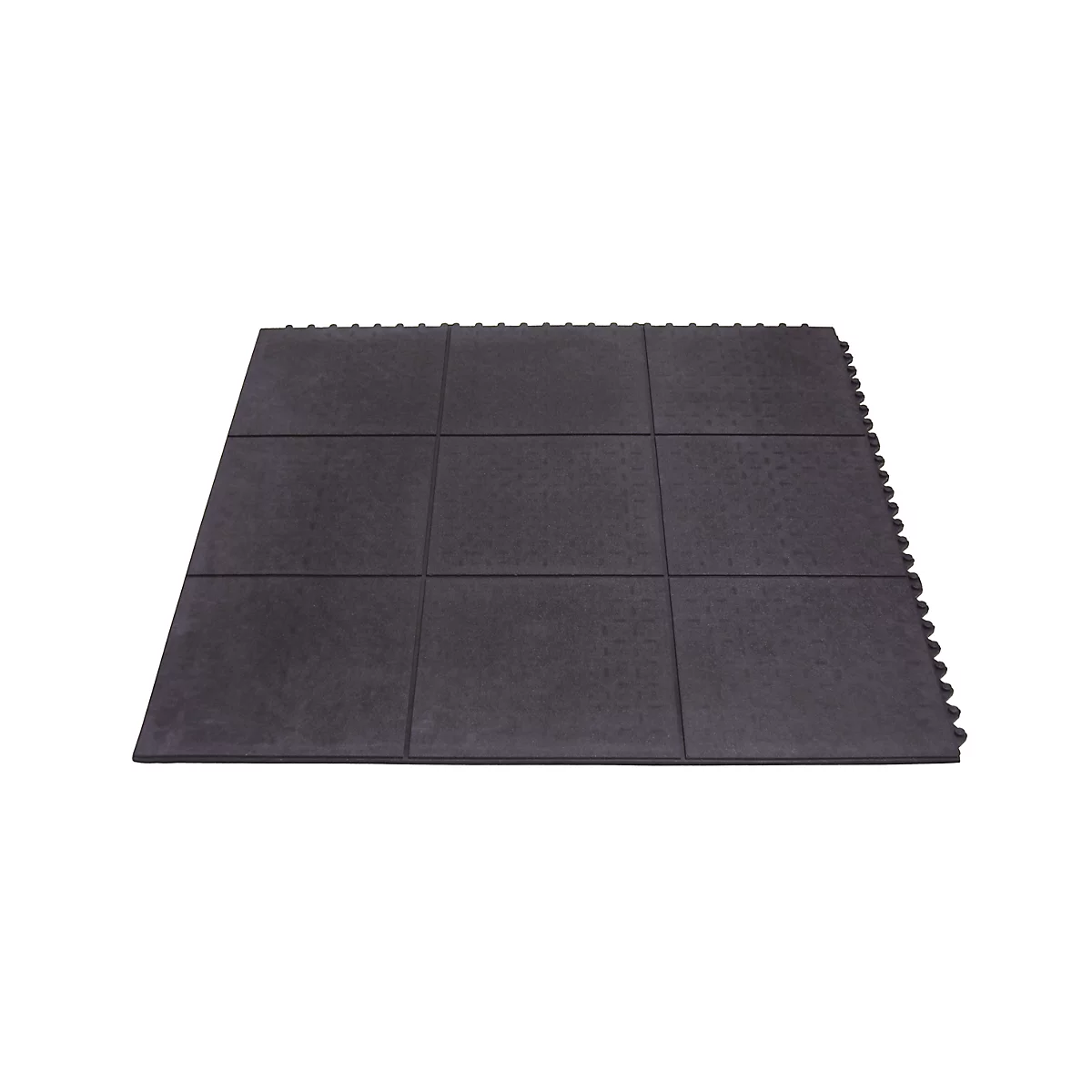 Alfombrillas de suelo de goma negras cuadradas con textura de tachuelas, colocadas planas sobre fondo blanco.