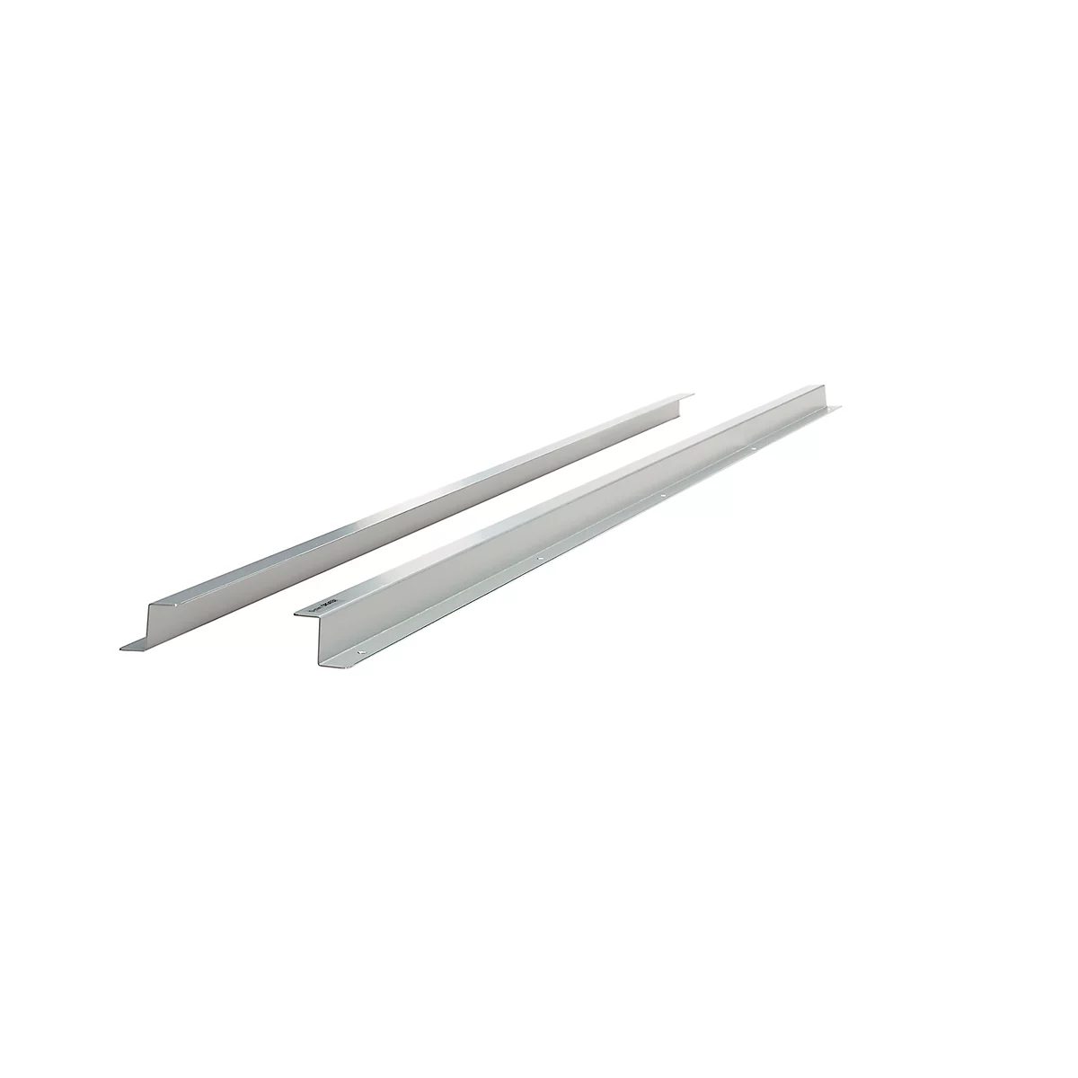 Two silver metal profiles lying diagonally on a white background.