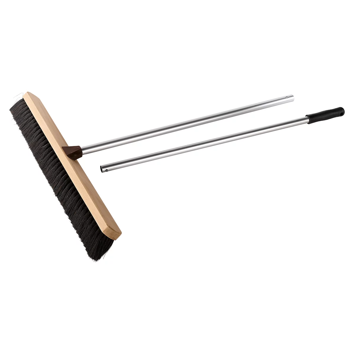 Bezem met zwart borstelveld en houten frame, met afneembare zilveren stelen.