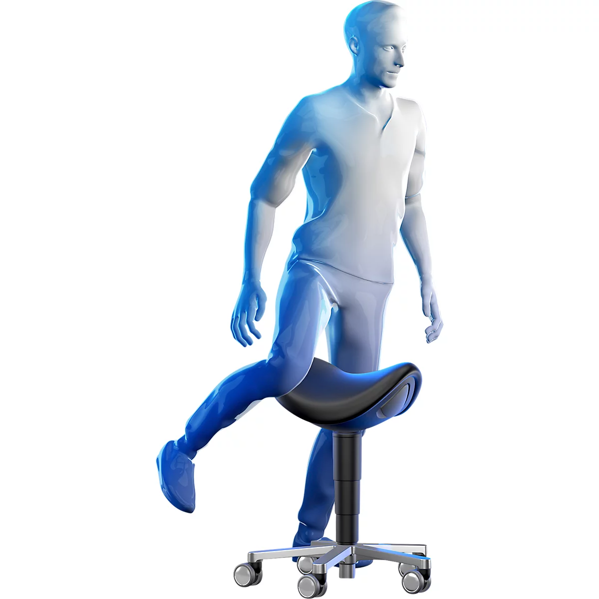 Zadelkruk bimos 9473L, met wielen, 3D zitmechanisme, in hoogte verstelbaar, tot 120 kg, staal & kunstleer, ontsmettingsbestendig, zwart