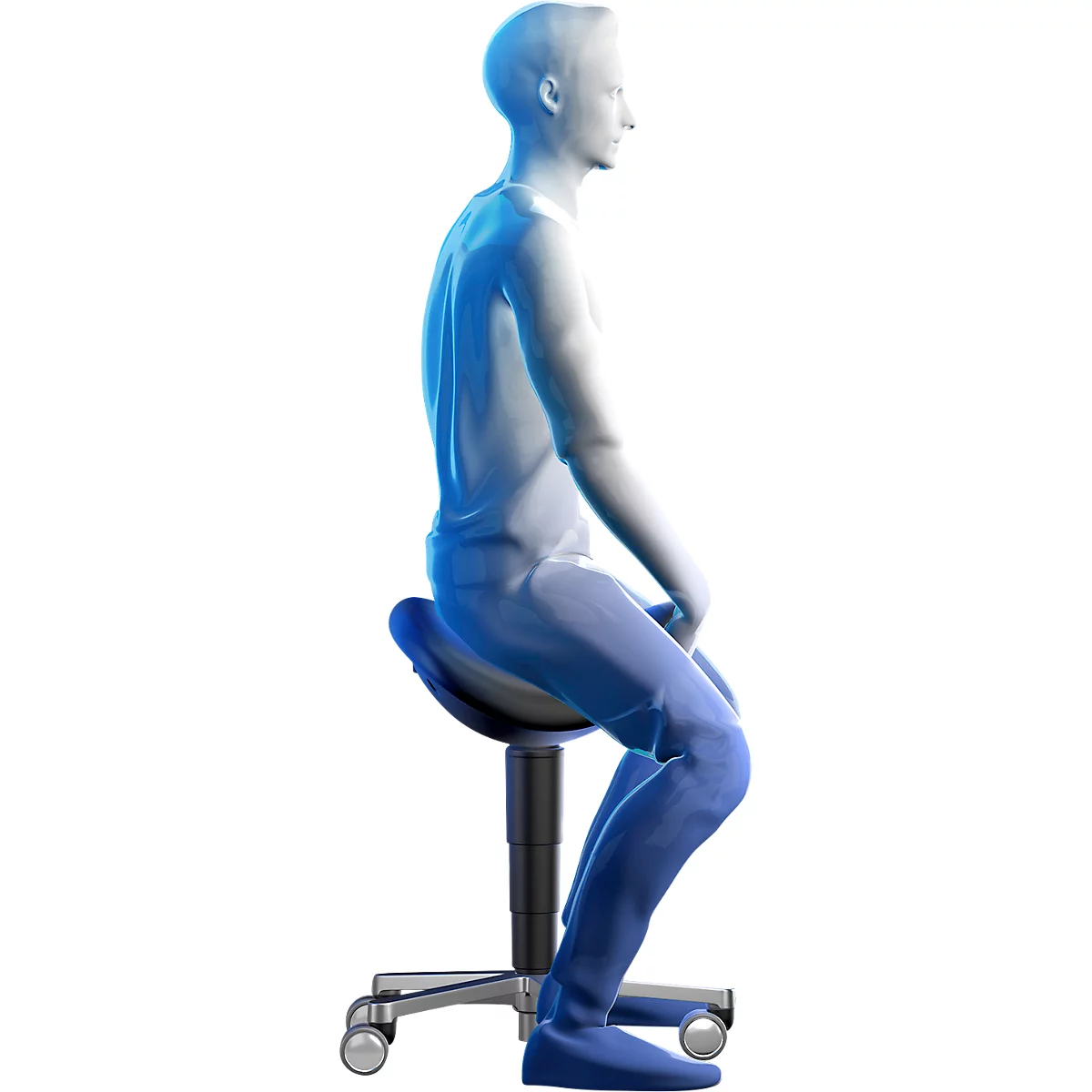 Zadelkruk bimos 9473L, met wielen, 3D zitmechanisme, in hoogte verstelbaar, tot 120 kg, staal & kunstleer, ontsmettingsbestendig, zwart