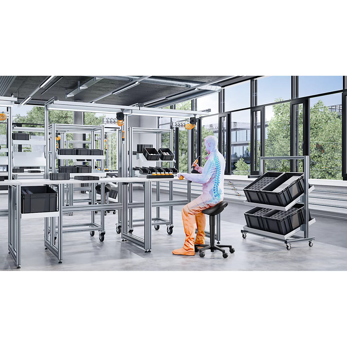 Zadelkruk bimos 9473L, met wielen, 3D zitmechanisme, in hoogte verstelbaar, tot 120 kg, staal & kunstleer, ontsmettingsbestendig, zwart