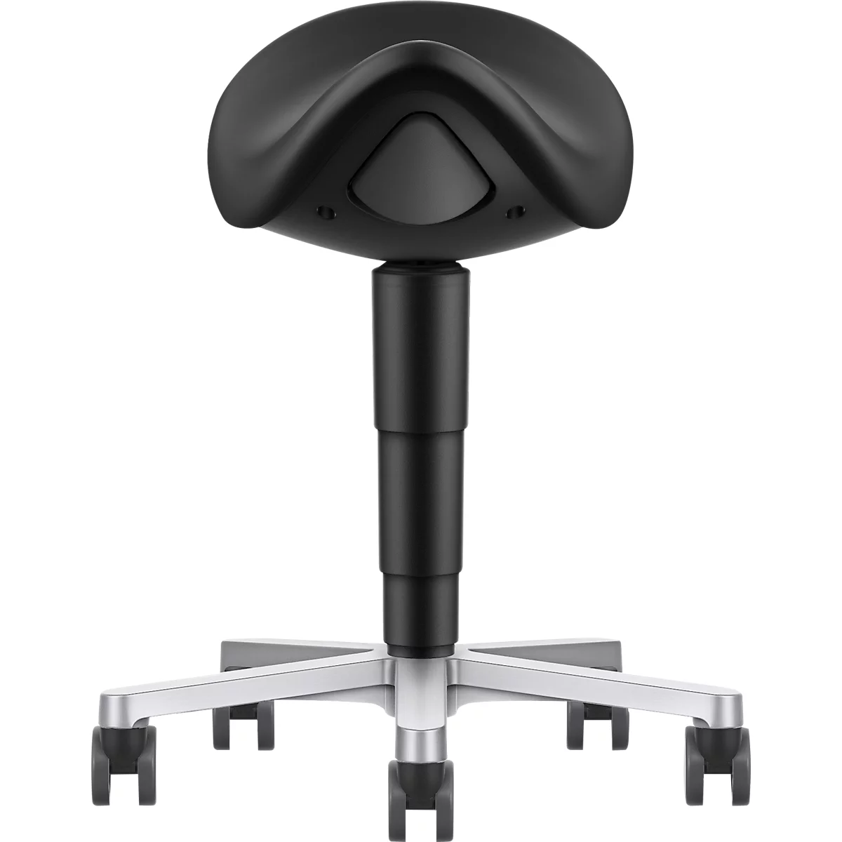 Zadelkruk bimos 9473L, met wielen, 3D zitmechanisme, in hoogte verstelbaar, tot 120 kg, staal & kunstleer, ontsmettingsbestendig, zwart