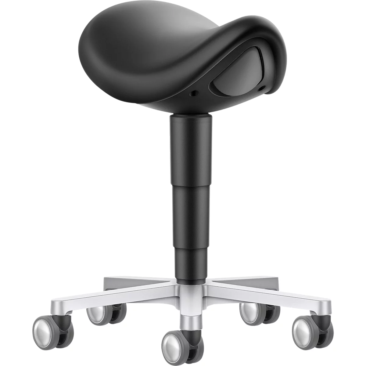 Zadelkruk bimos 9473L, met wielen, 3D zitmechanisme, in hoogte verstelbaar, tot 120 kg, staal & kunstleer, ontsmettingsbestendig, zwart
