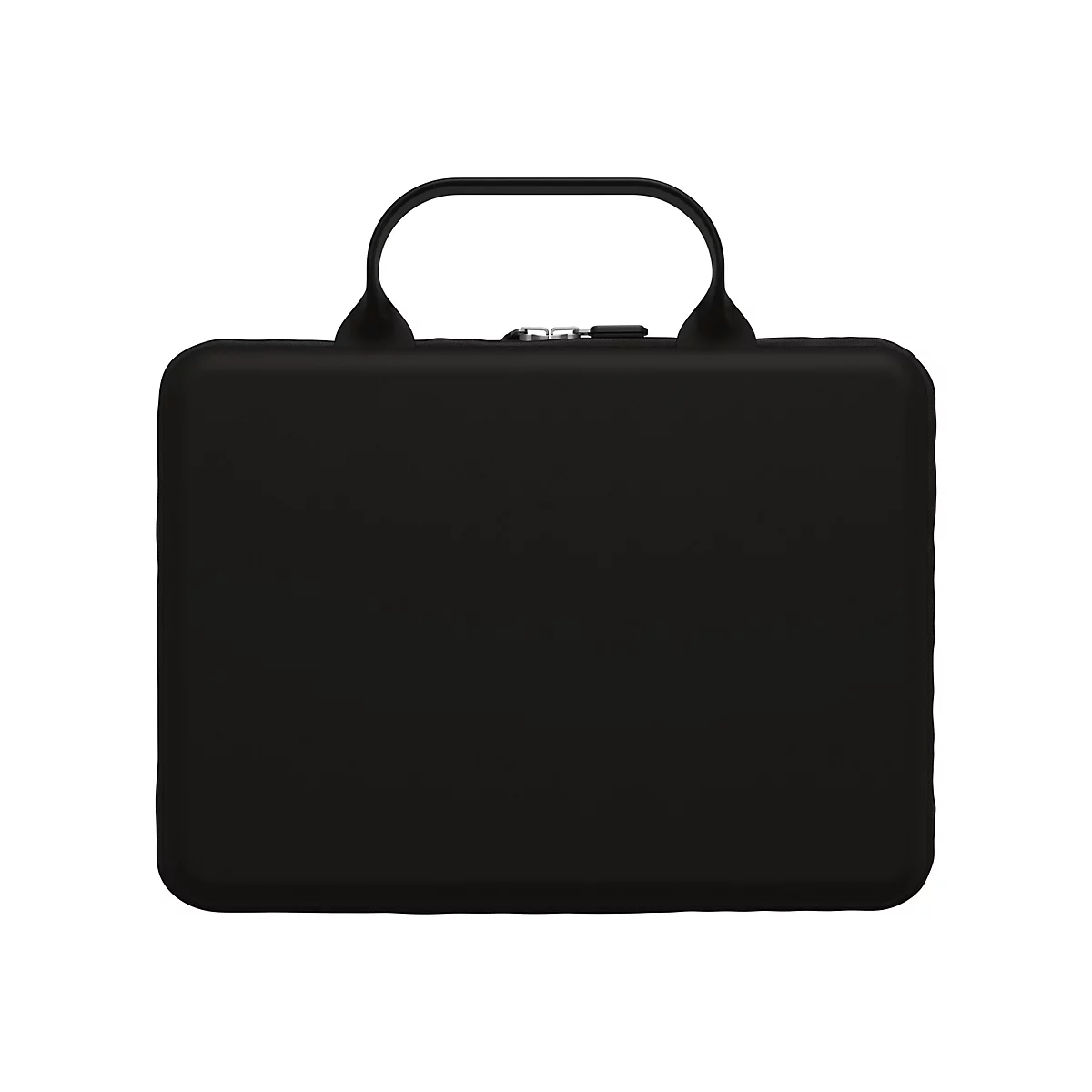 Mallette noire avec poignée et fermeture éclair sur fond blanc.