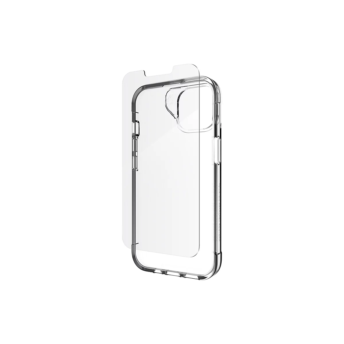 Coque de téléphone transparente avec protection d'écran, sur fond blanc. Clair, propre et minimaliste.