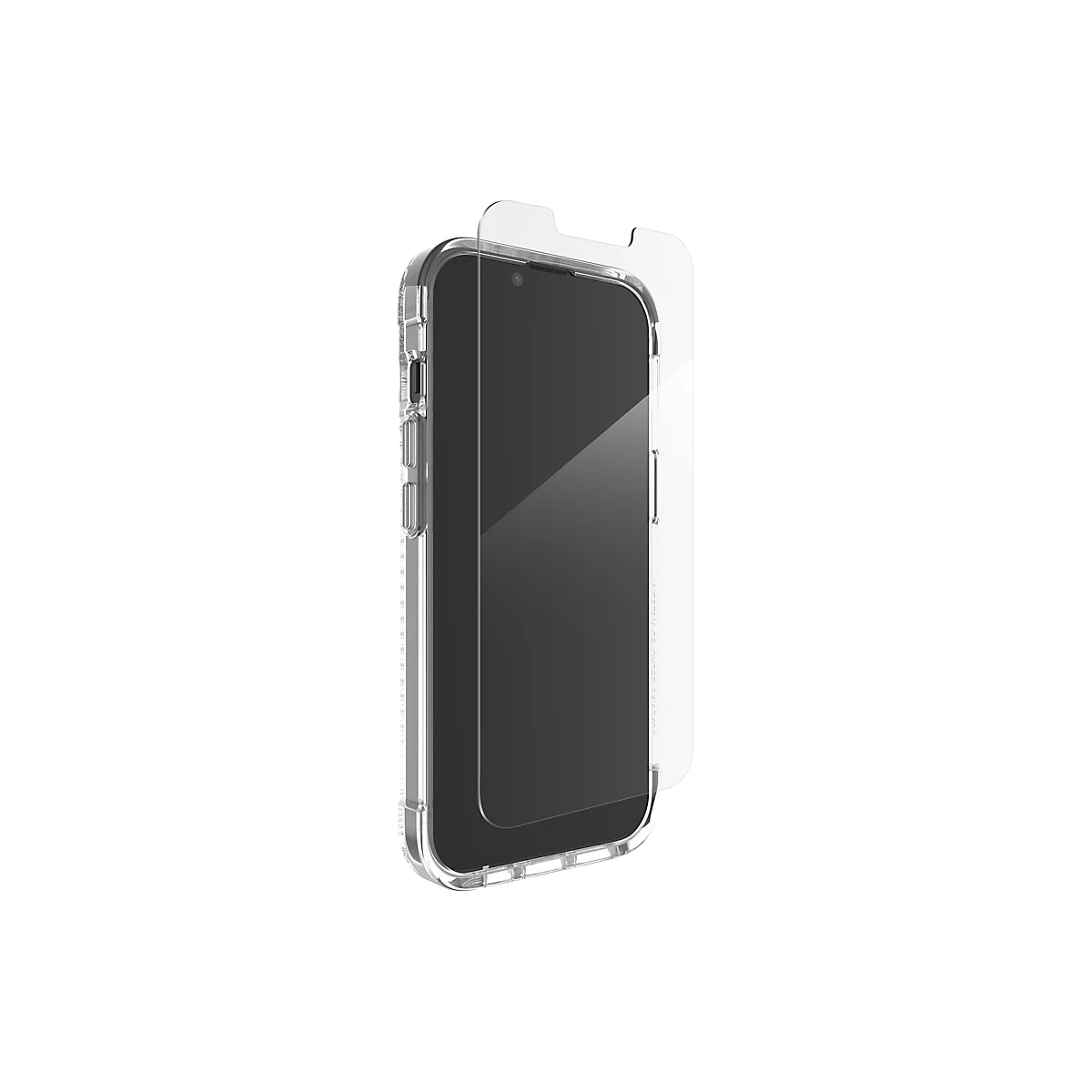 Un smartphone transparent avec une coque de protection et un protecteur d'écran. Le smartphone est légèrement tourné sur fond blanc.