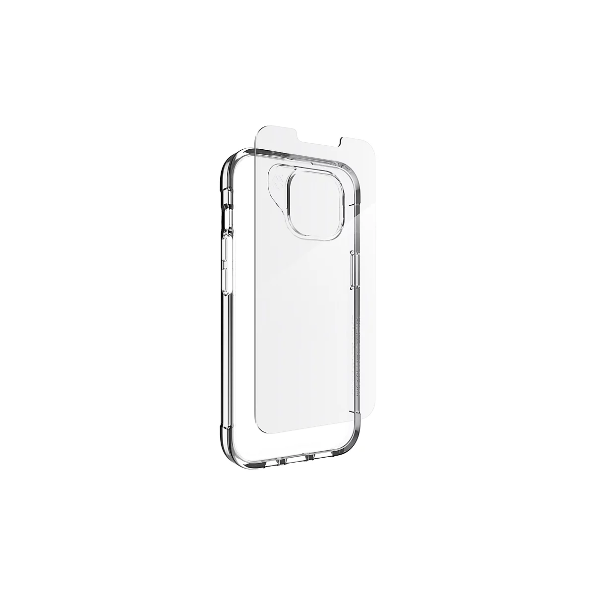 Coque de téléphone transparente avec protection d'écran, sur fond blanc. Clair, propre, lumineux.