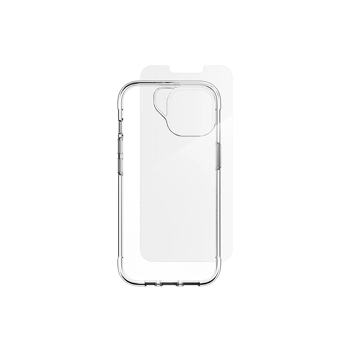 Coque de téléphone transparente et protecteur d'écran sur fond blanc. L'étui entoure le téléphone, le film recouvre l'écran.