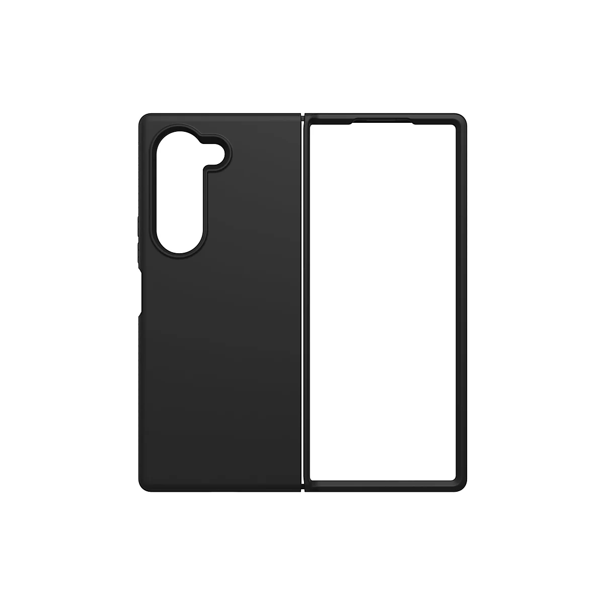 Schwarze Handyhülle, zweigeteilt, mit Aussparung für Kamera. Rechte Seite mit Rahmen für das Display.