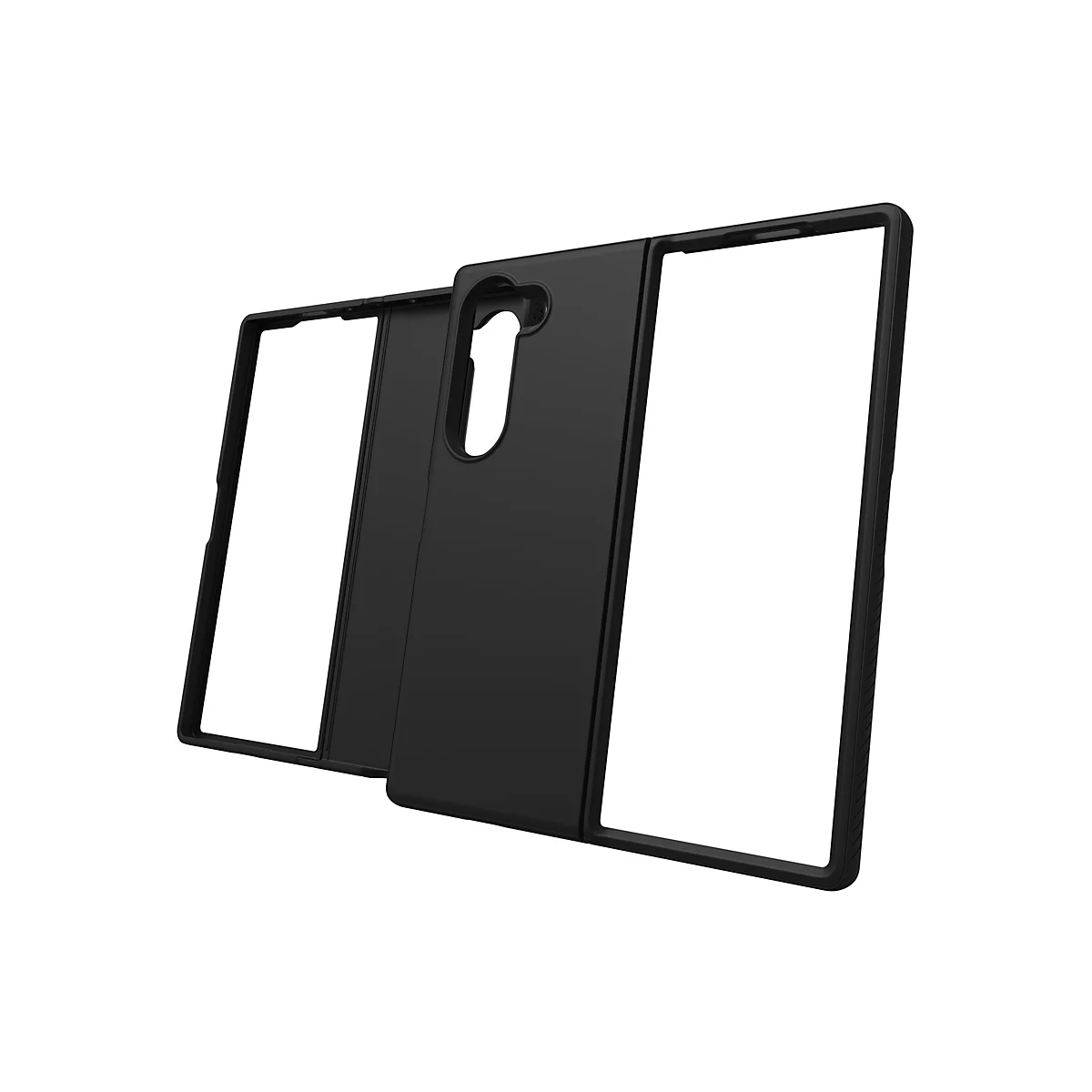 Schwarze Smartphone-Hülle in Einzelteile zerlegt, vor weißem Hintergrund. Klar erkennbar sind die Teile der Hülle und die Aussparung für das Kameramodul.