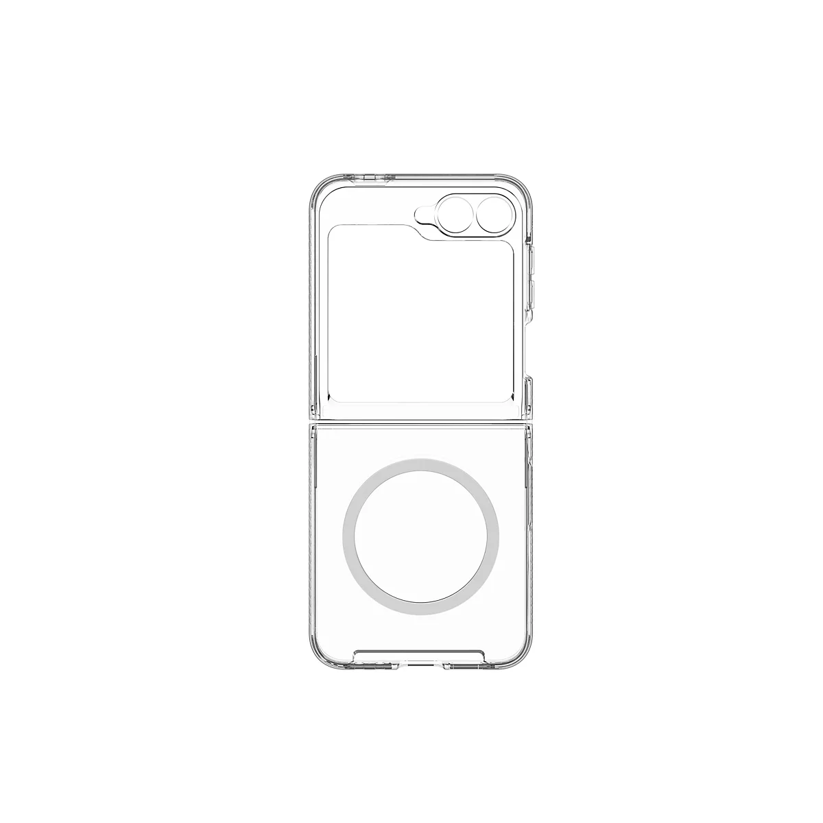 Durchsichtige Handyhülle für ein Falt-Handy, die zwei Teile hat. Ein Magnetring ist auf der unteren Hälfte sichtbar.