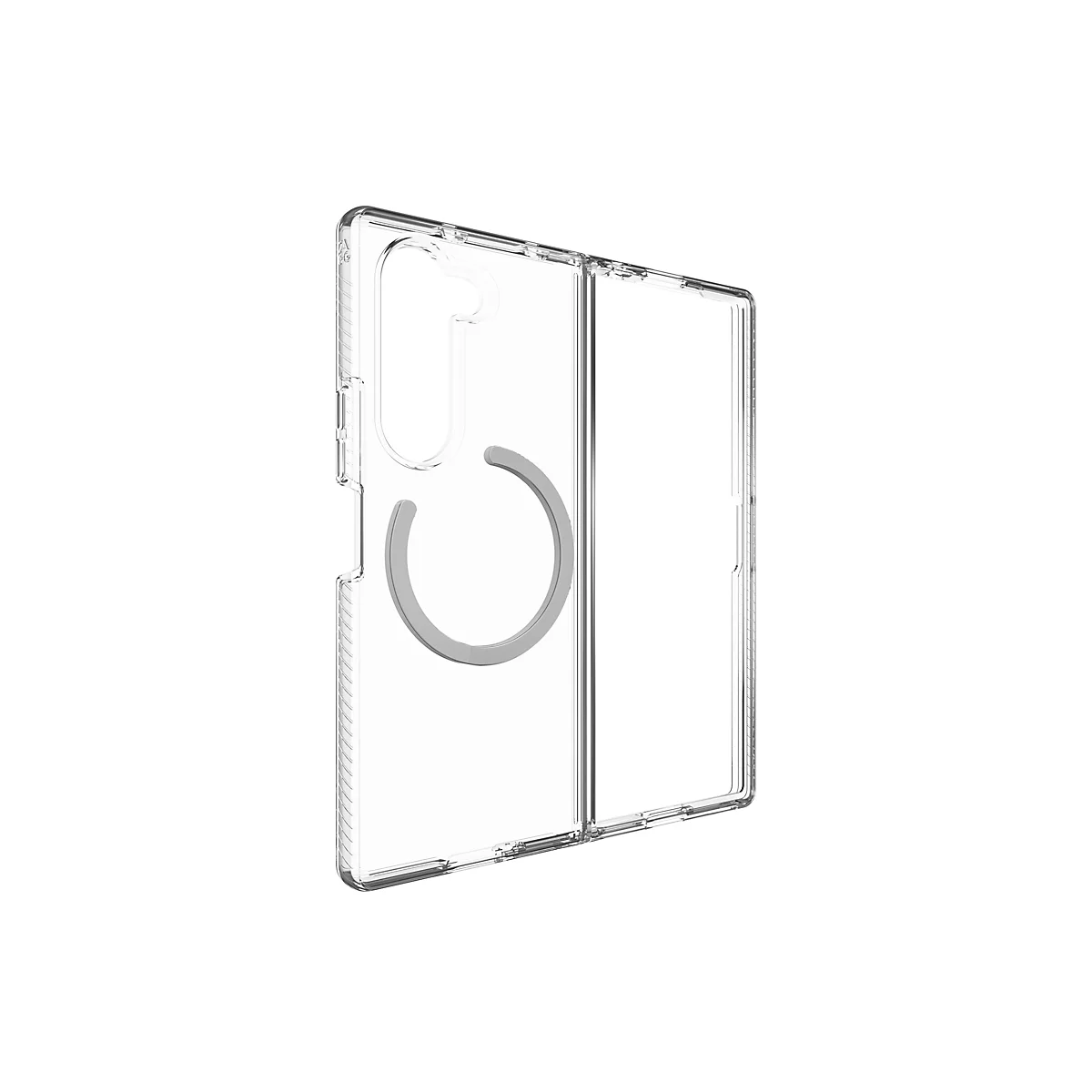 Durchsichtige Handyhülle mit grauem Ring in der Mitte. Das Gehäuse ist für ein faltbares Smartphone bestimmt.