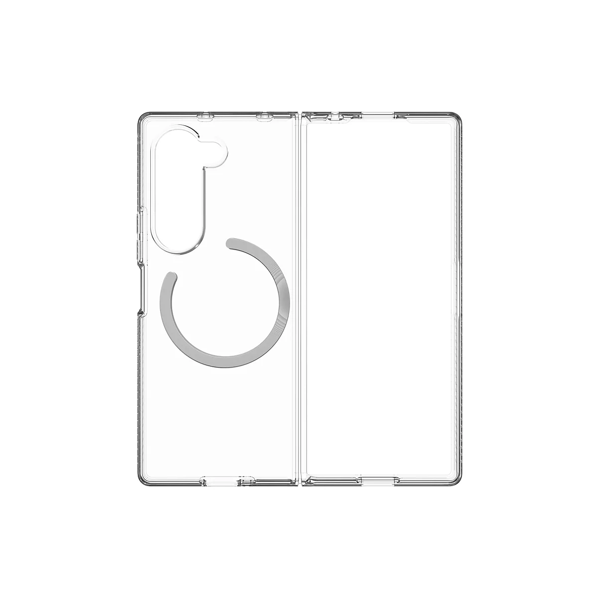 Transparente Handyhülle mit Ausschnitten für Kamera und ein halbkreisförmiges Element.