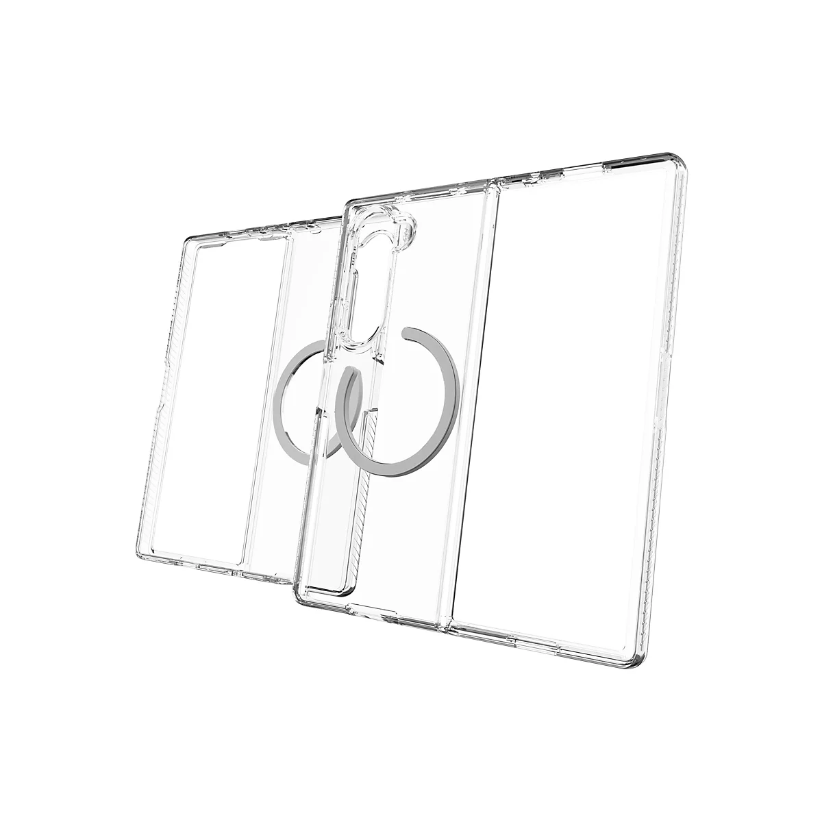 Klare Handyhülle mit silbernem Ring, teilweise geöffnet.
