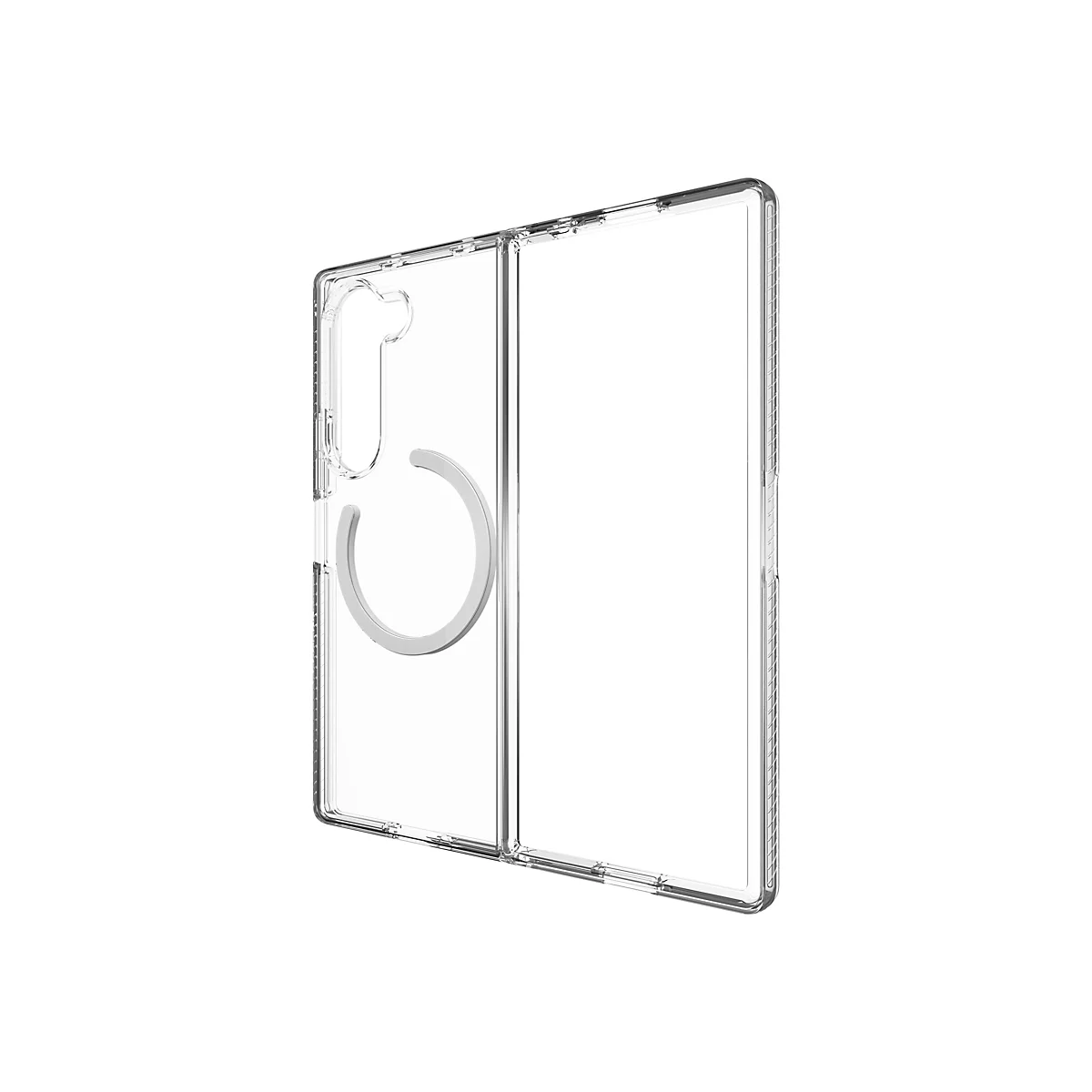 Durchsichtige Handyhülle mit MagSafe-Funktion, die zur Hälfte aufgeklappt ist. Die Hülle liegt vor weißem Hintergrund.