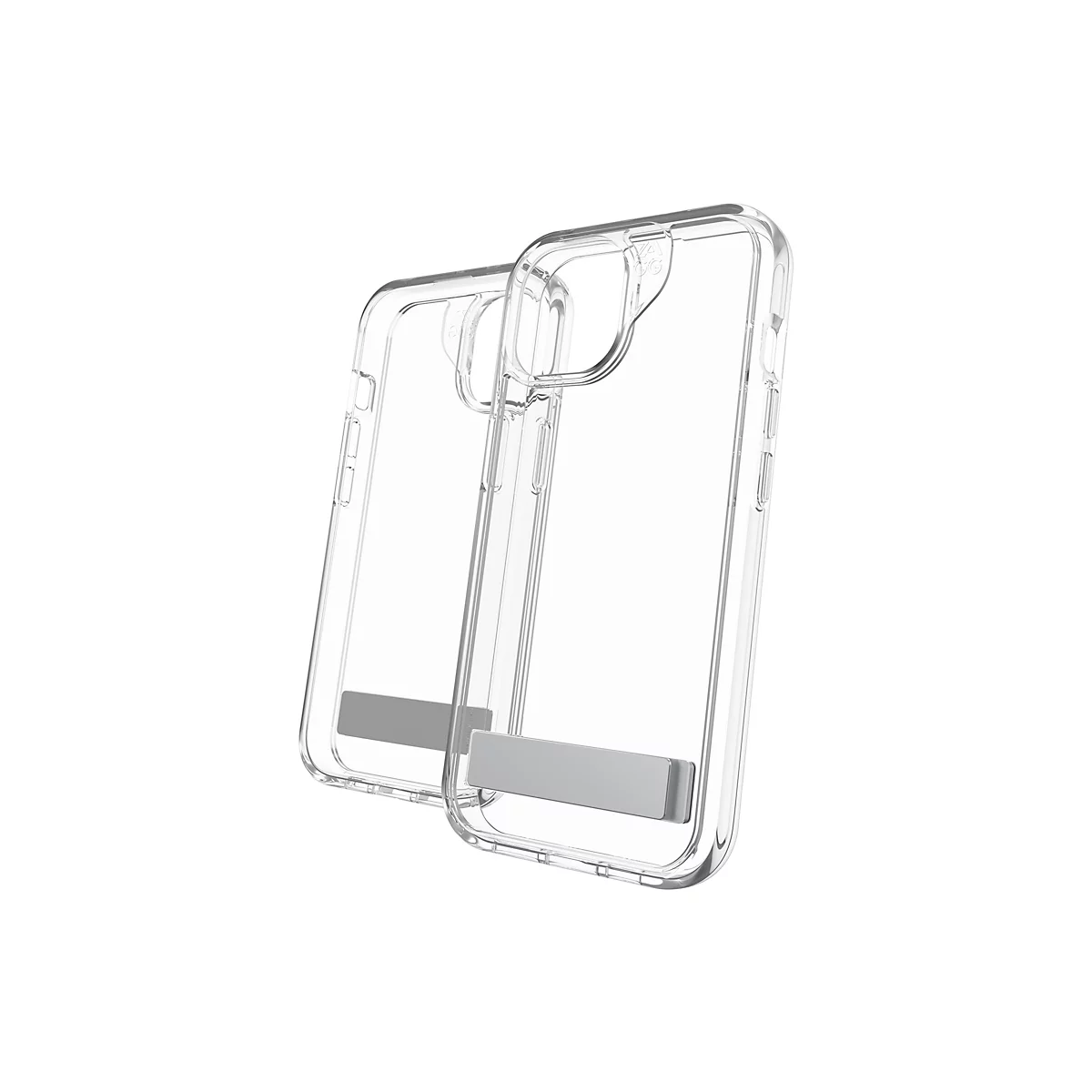 Deux coques de téléphone transparentes avec des supports argentés, sur fond blanc. Clair, propre, minimaliste.