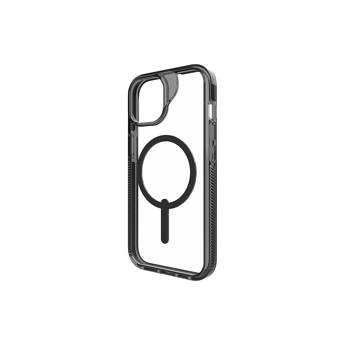 Coque de téléphone transparente avec fonction MagSafe, debout. Elle a des coins arrondis et des lignes épurées.