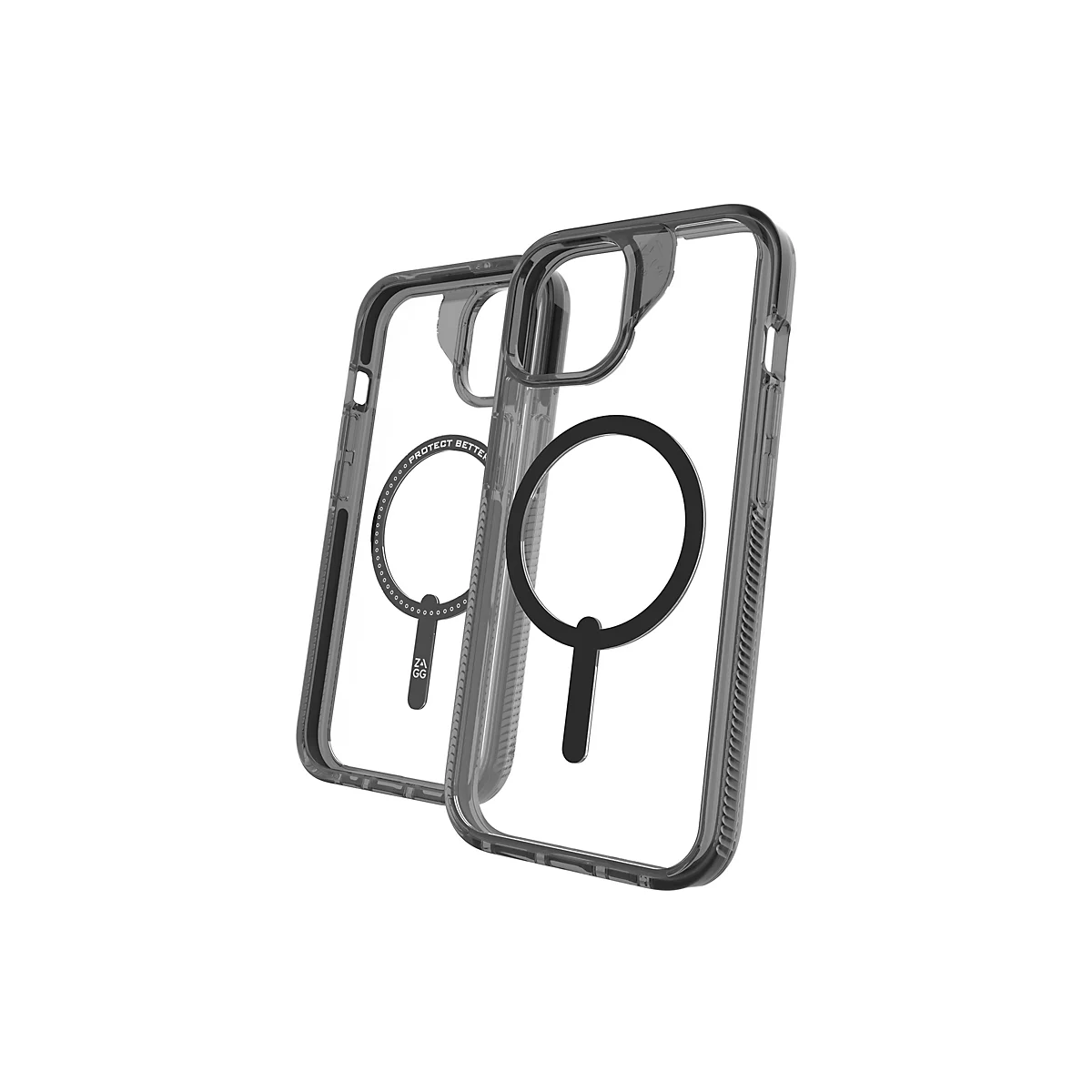 Deux coques de téléphone transparentes avec fonction MagSafe, côte à côte sur fond blanc. Anneaux MagSafe noirs ronds.