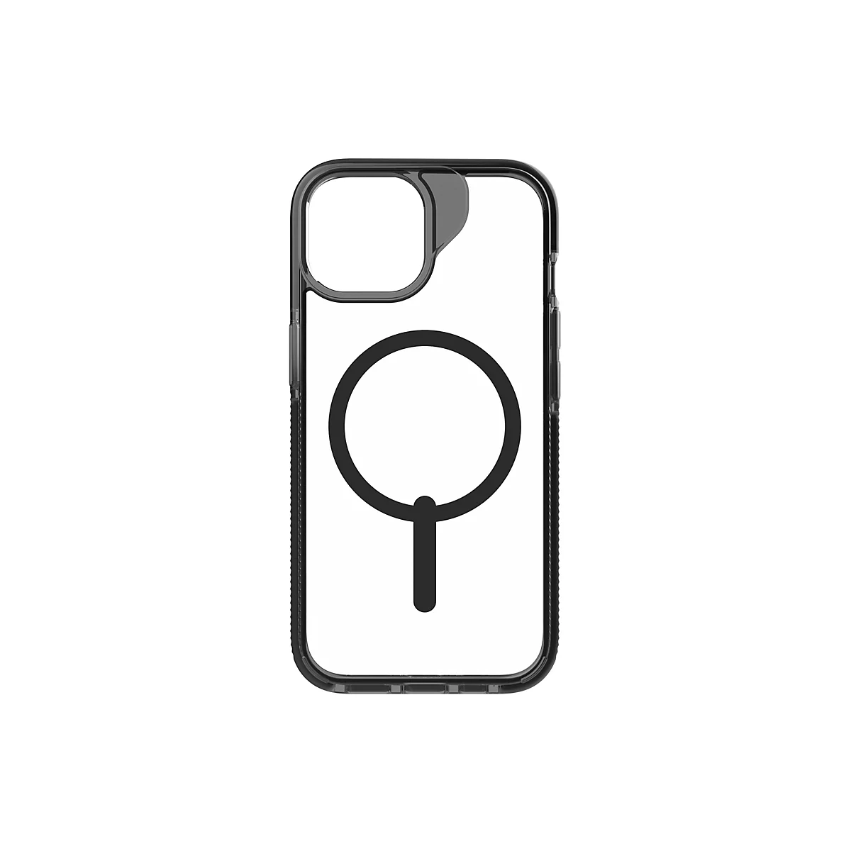 Coque de téléphone transparente avec bords noirs et symbole MagSafe au centre.